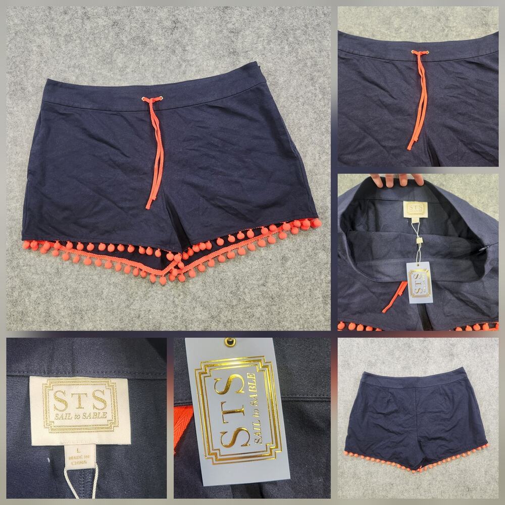 Sail to Sable Shorts Womens Large Navy Pom Pom Trim Drawstring Pockets R1804 NWT